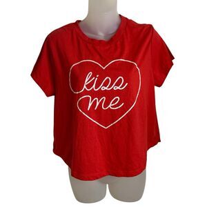 Forever 21 Kiss Me Graphic Crop Baby Tee Y2K Metallic Heart Short Sleeve Red L